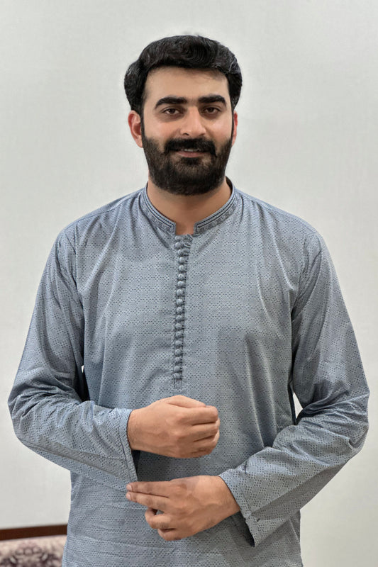 Gray Textured Cotton Kurta Trouser With Embroidered Collar - Stitched