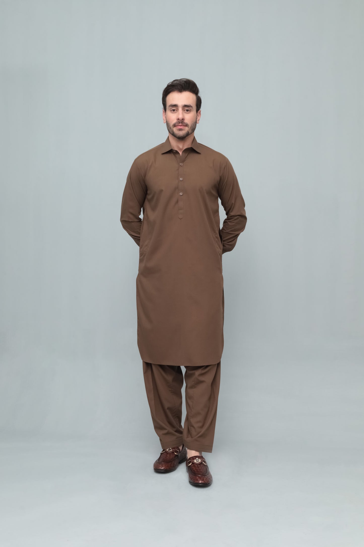 Coffee Brown French Collar Shalwar Kameez - Stitched