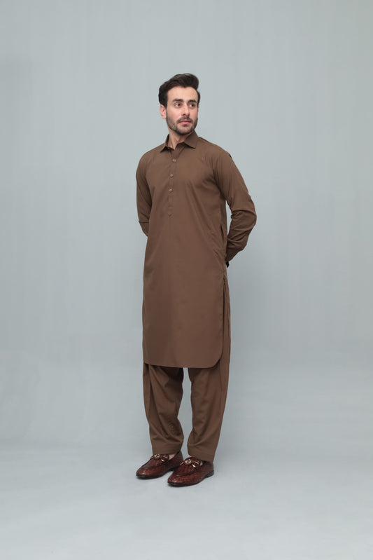 Coffee Brown French Collar Shalwar Kameez - Stitched