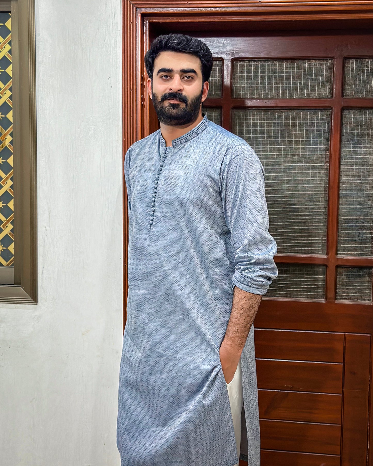 Gray Cotton Kurta Trouser With Embroidered Collar - Stitched