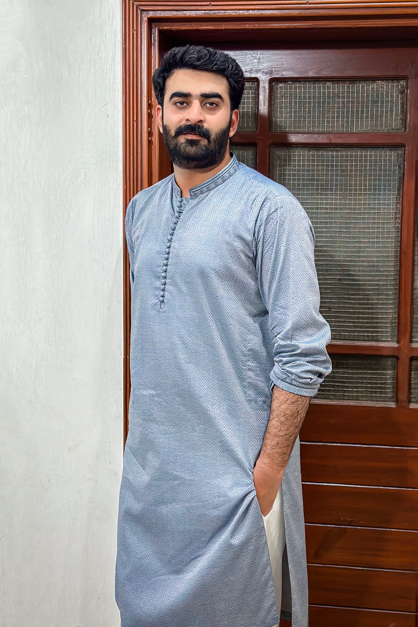 Gray Textured Cotton Kurta Trouser With Embroidered Collar - Stitched