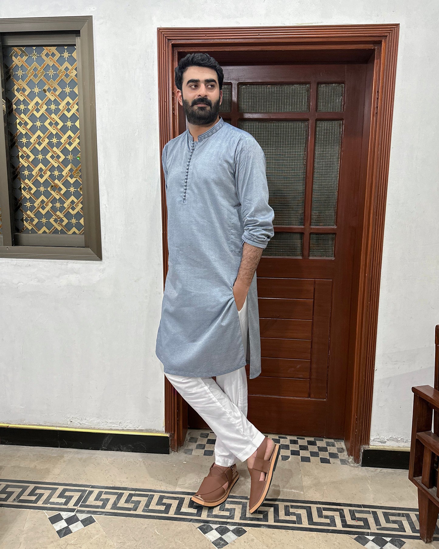 Gray Cotton Kurta Trouser With Embroidered Collar - Stitched