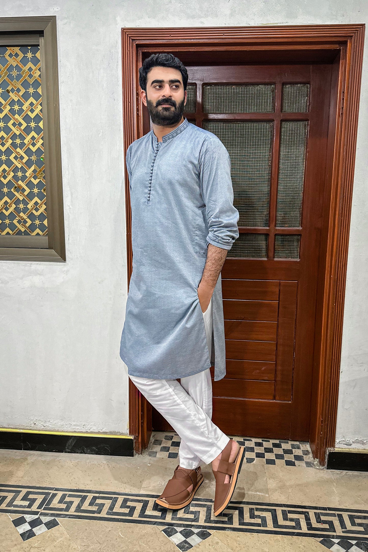 Gray Textured Cotton Kurta Trouser With Embroidered Collar - Stitched