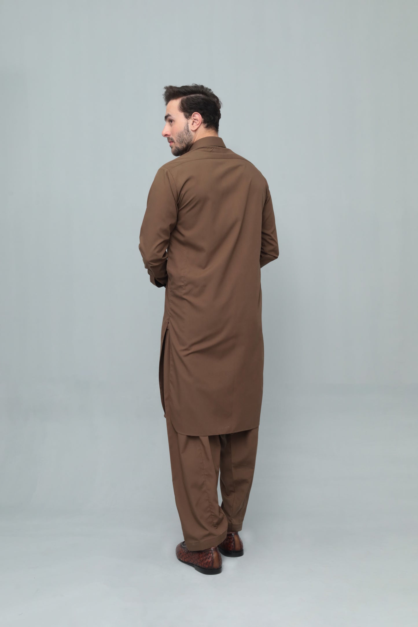 Coffee Brown French Collar Shalwar Kameez - Stitched