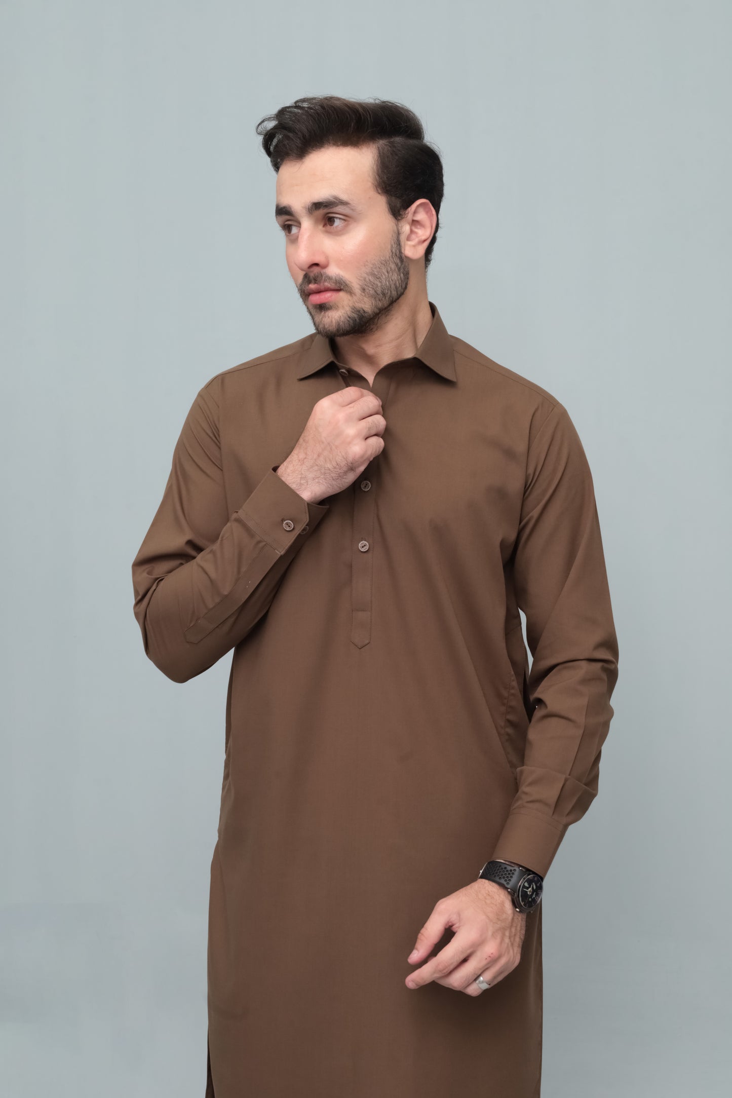 Coffee Brown French Collar Shalwar Kameez - Stitched