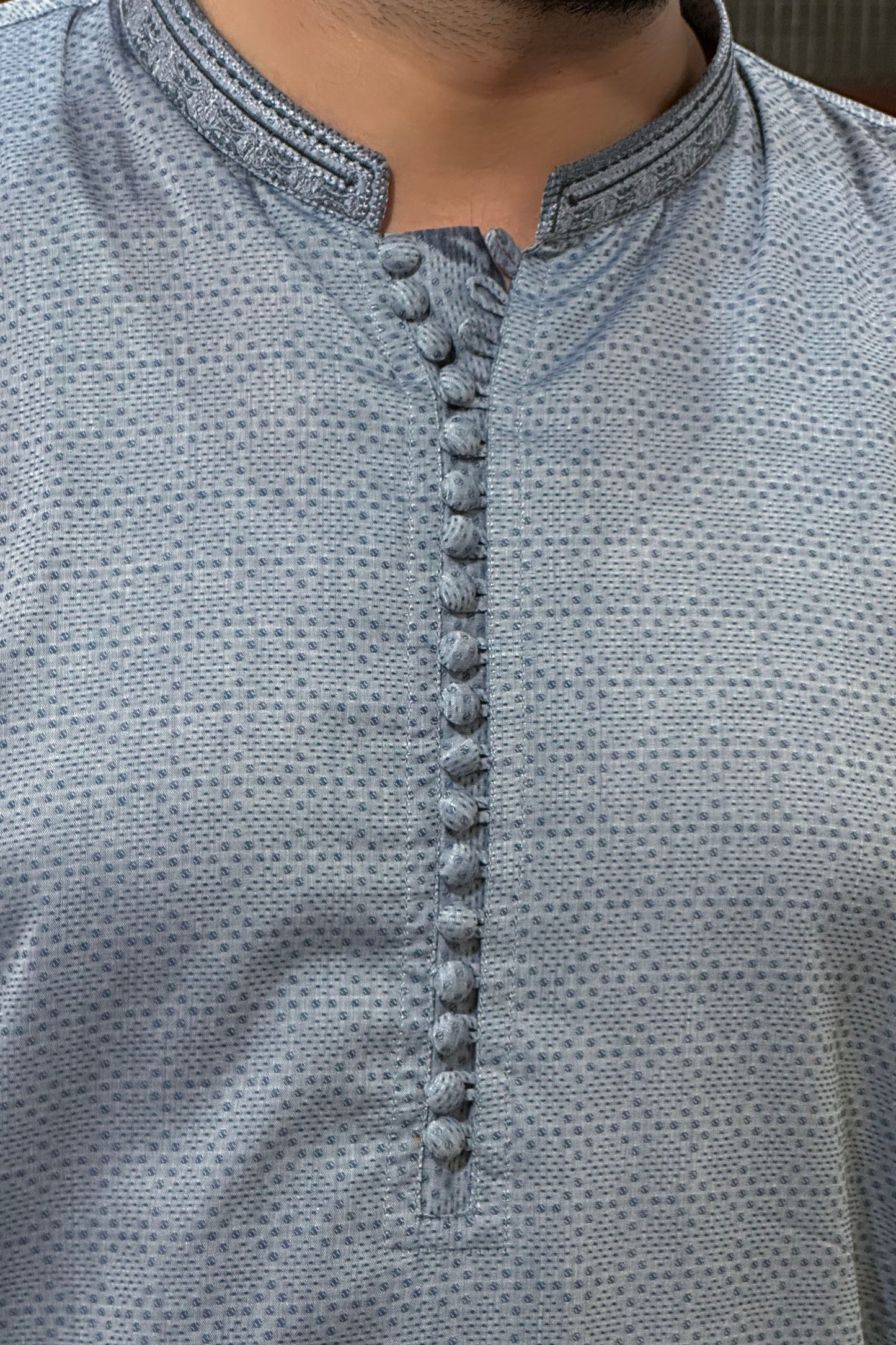 Gray Textured Cotton Kurta Trouser With Embroidered Collar - Stitched