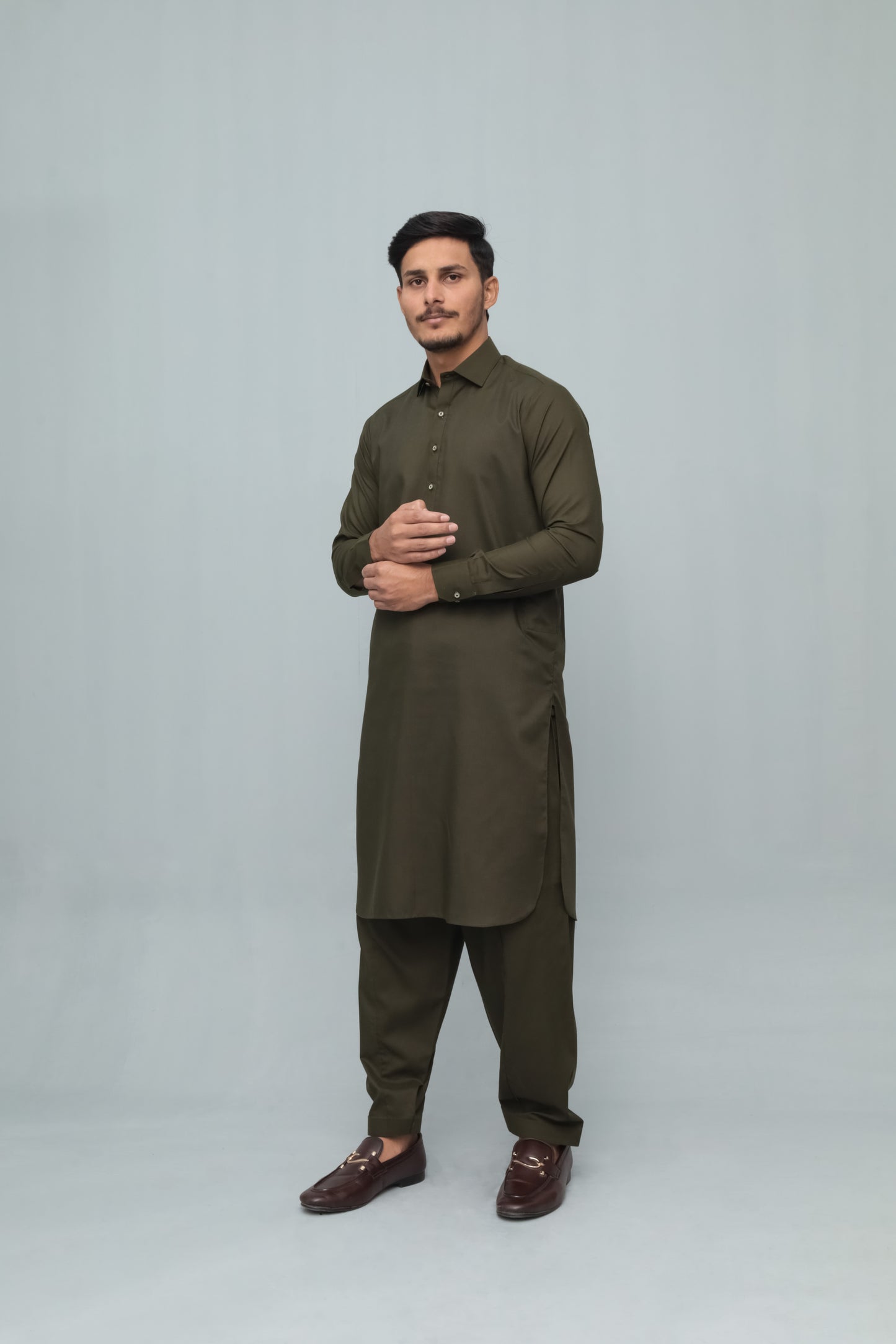 Army Green French Collar Shalwar Kameez - Stitched