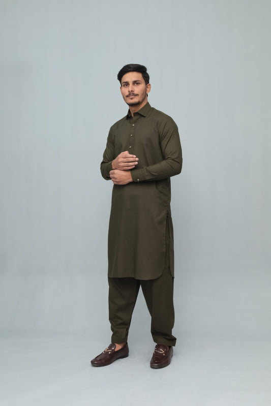 Army Green French Collar Shalwar Kameez - Stitched
