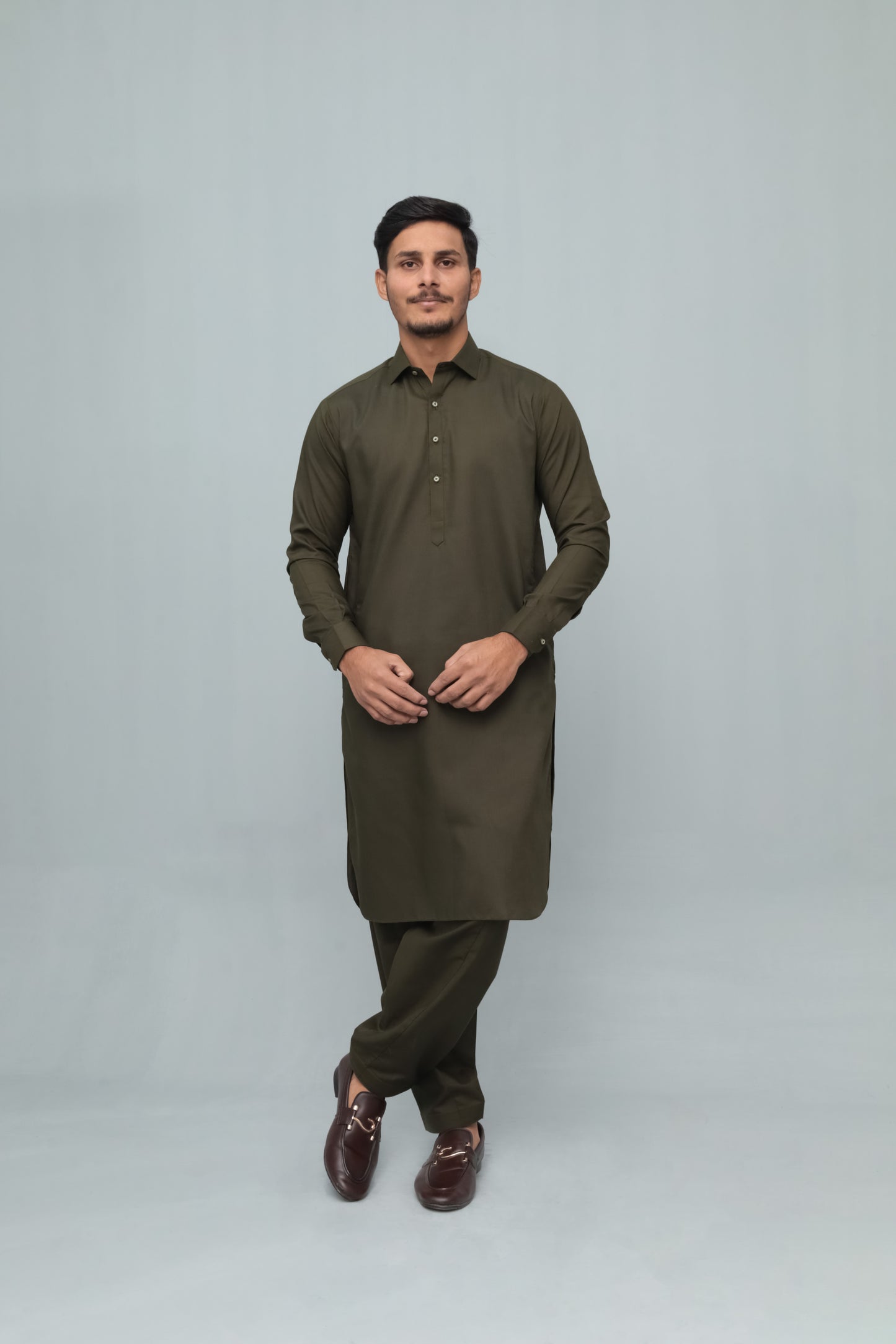 Army Green French Collar Shalwar Kameez - Stitched