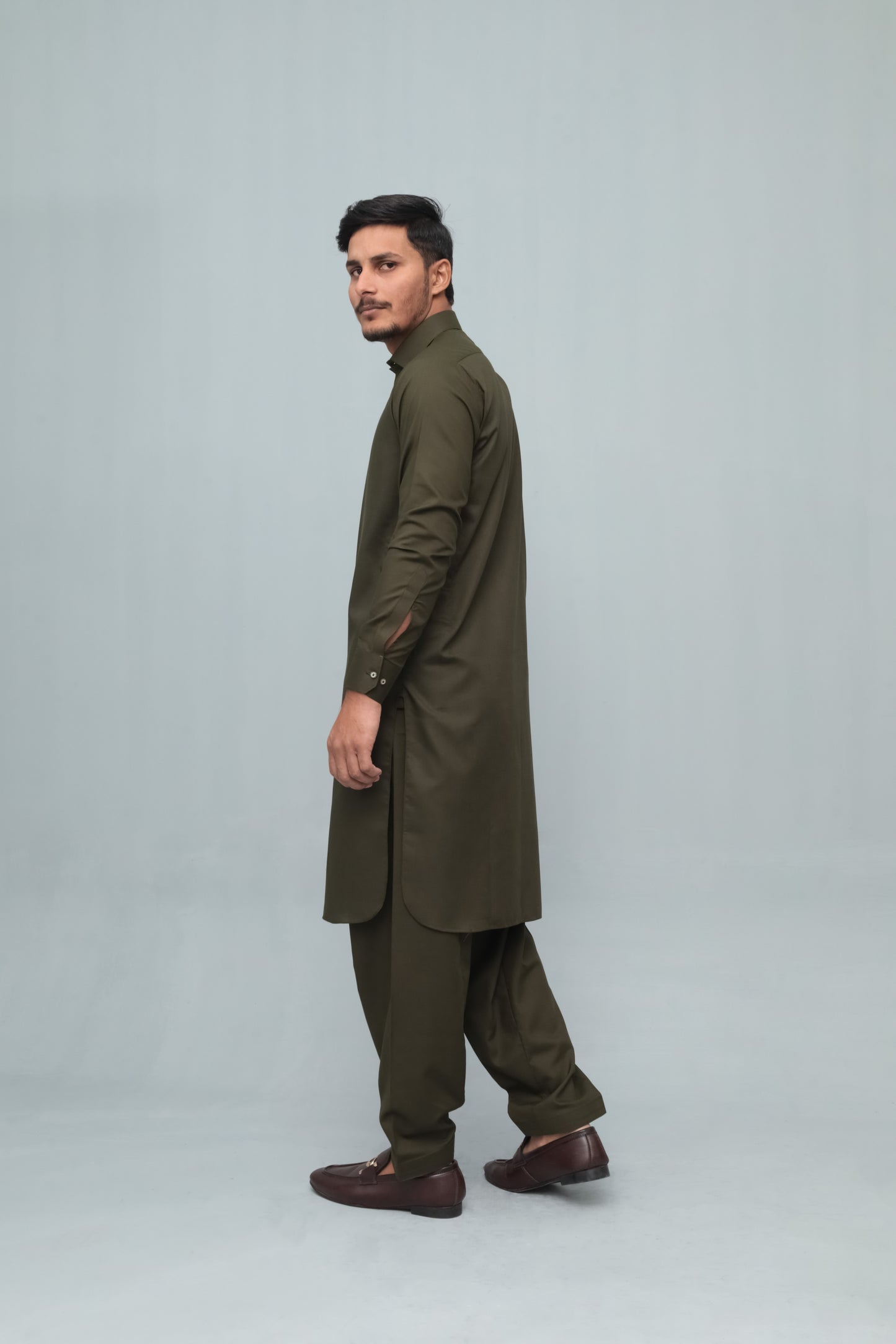 Army Green French Collar Shalwar Kameez - Stitched