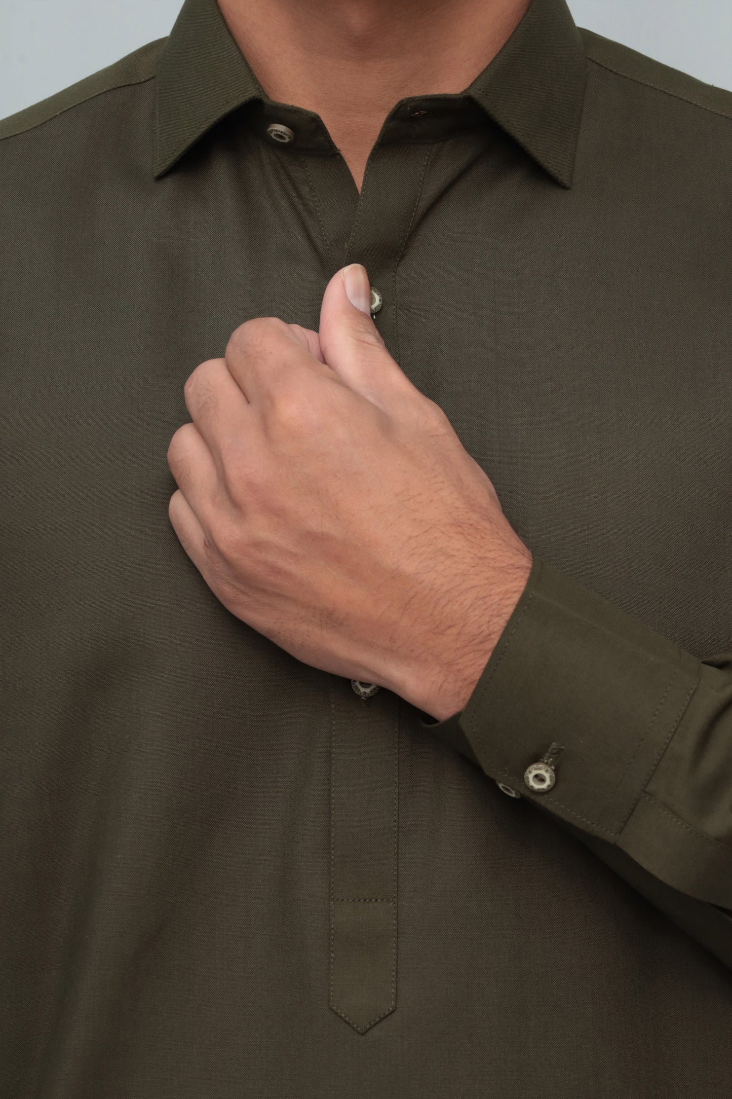 Army Green French Collar Shalwar Kameez - Stitched