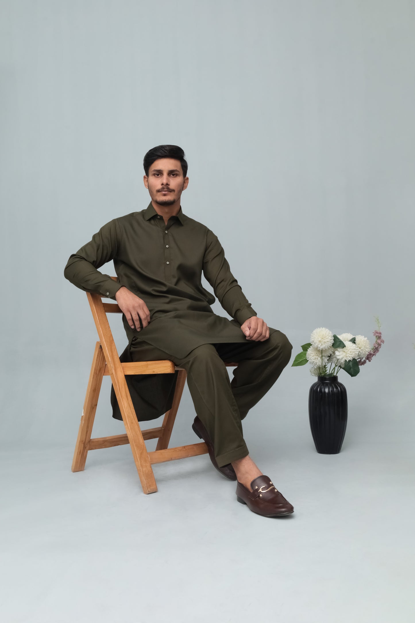 Army Green French Collar Shalwar Kameez - Stitched