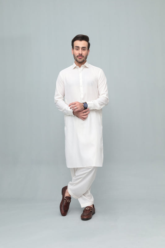 Off White French Collar Shalwar Kameez - Stitched