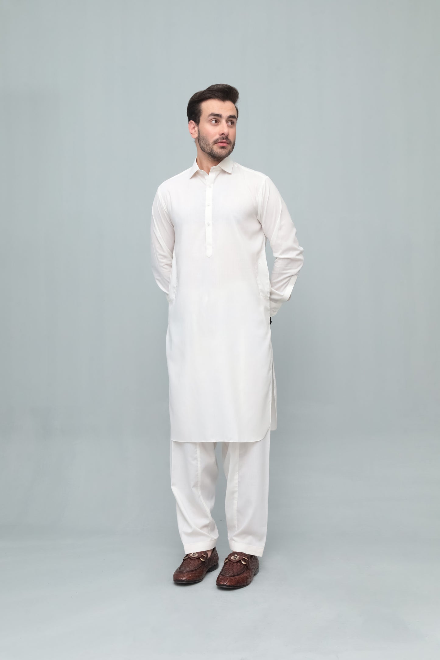 Off White French Collar Shalwar Kameez - Stitched