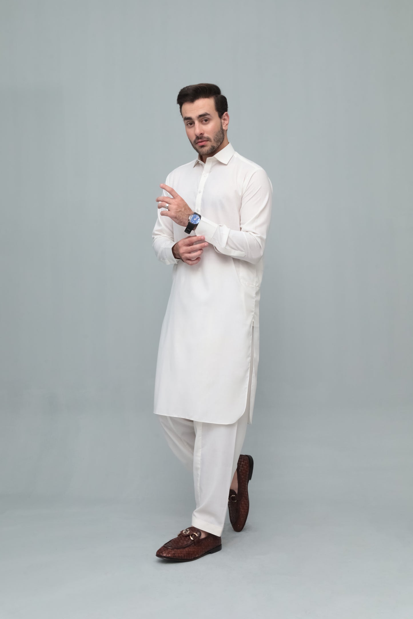 Off White French Collar Shalwar Kameez - Stitched