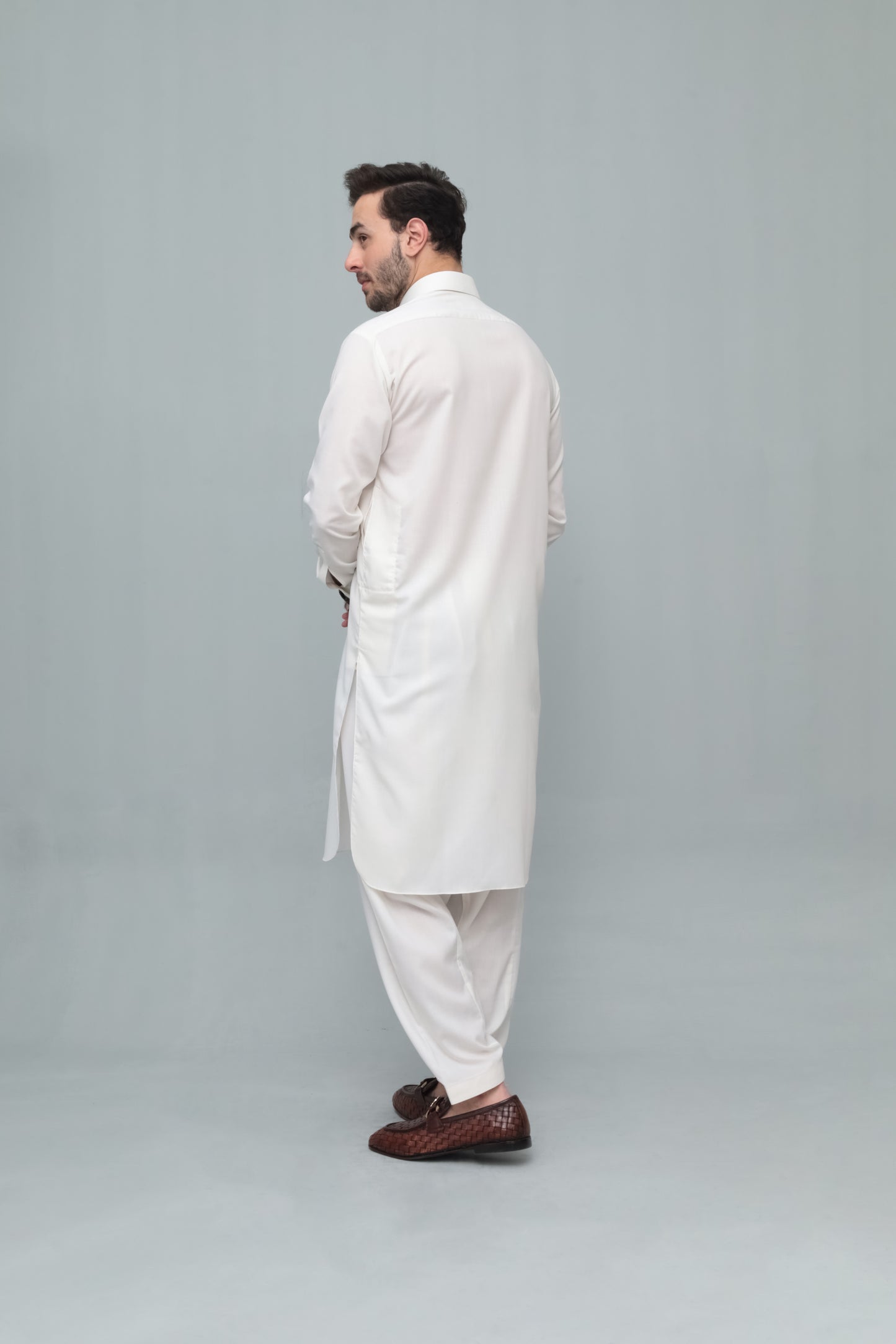Off White French Collar Shalwar Kameez - Stitched