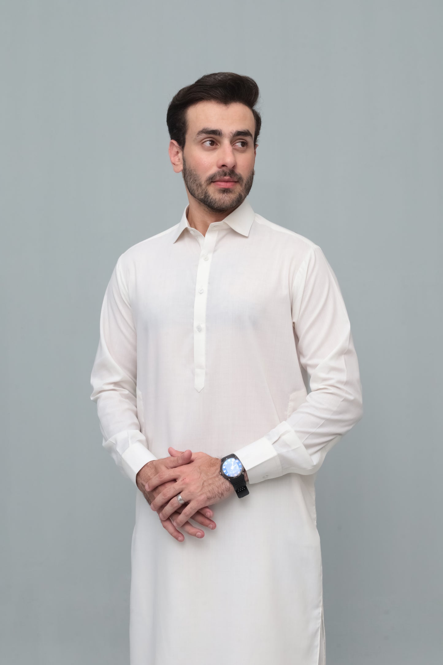 Off White French Collar Shalwar Kameez - Stitched