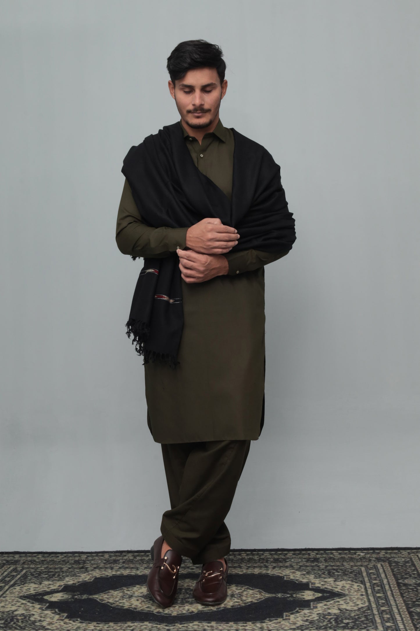 Black Swati Thread Shawl - Men