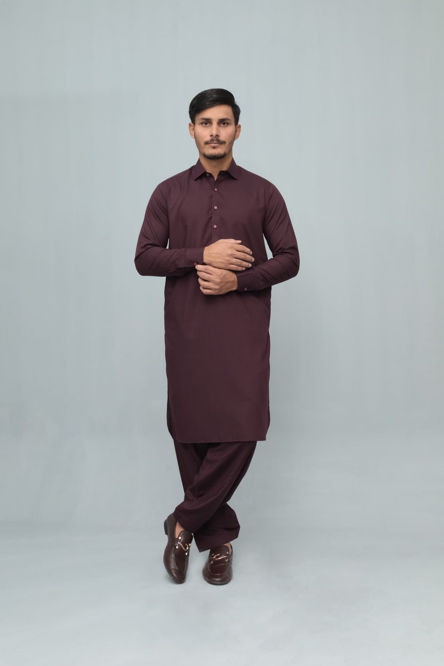 Dark Marron French Collar Shalwar Kameez - Stitched
