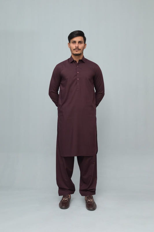 Dark Marron French Collar Shalwar Kameez - Stitched