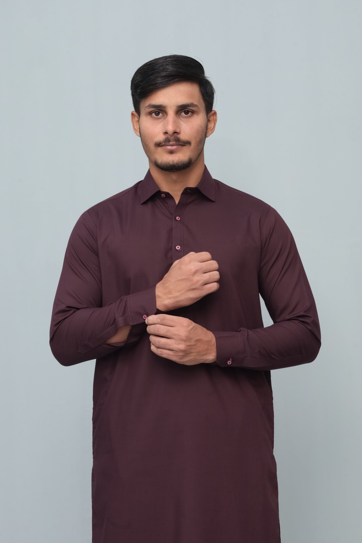 Dark Marron French Collar Shalwar Kameez - Stitched