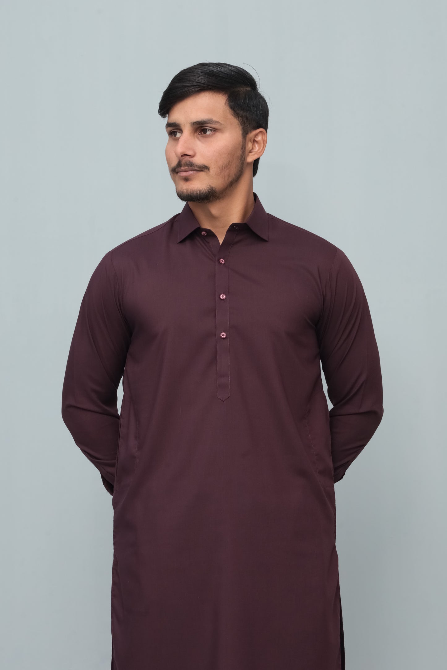 Dark Marron French Collar Shalwar Kameez - Stitched