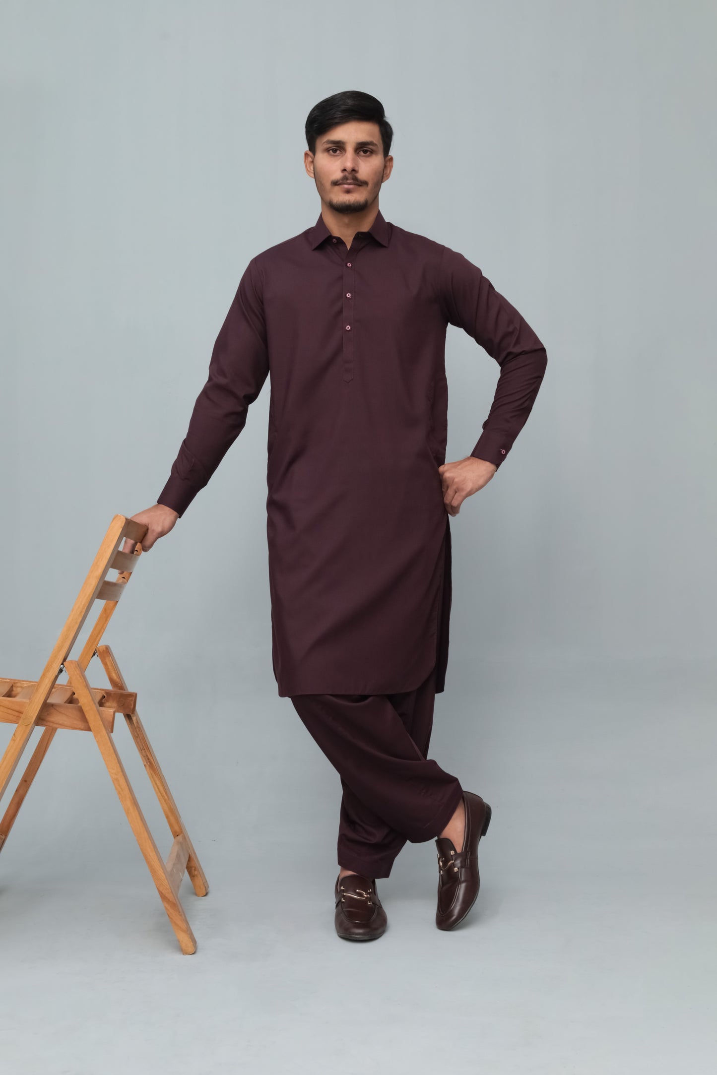 Dark Marron French Collar Shalwar Kameez - Stitched