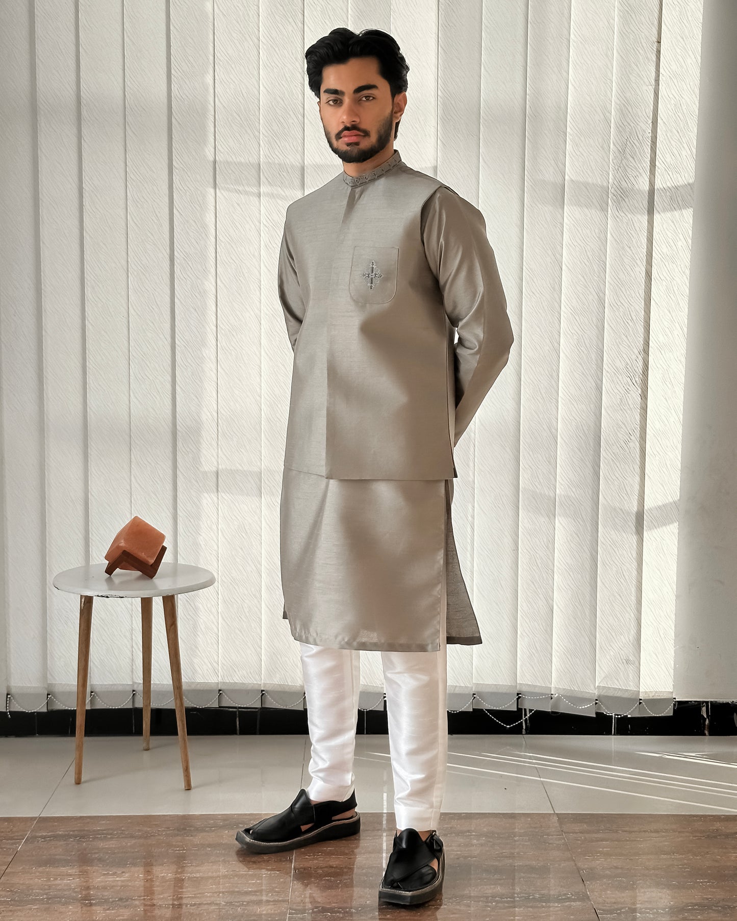 Sand Gray Kurta Trouser with Embroidered Waistcoat - Men