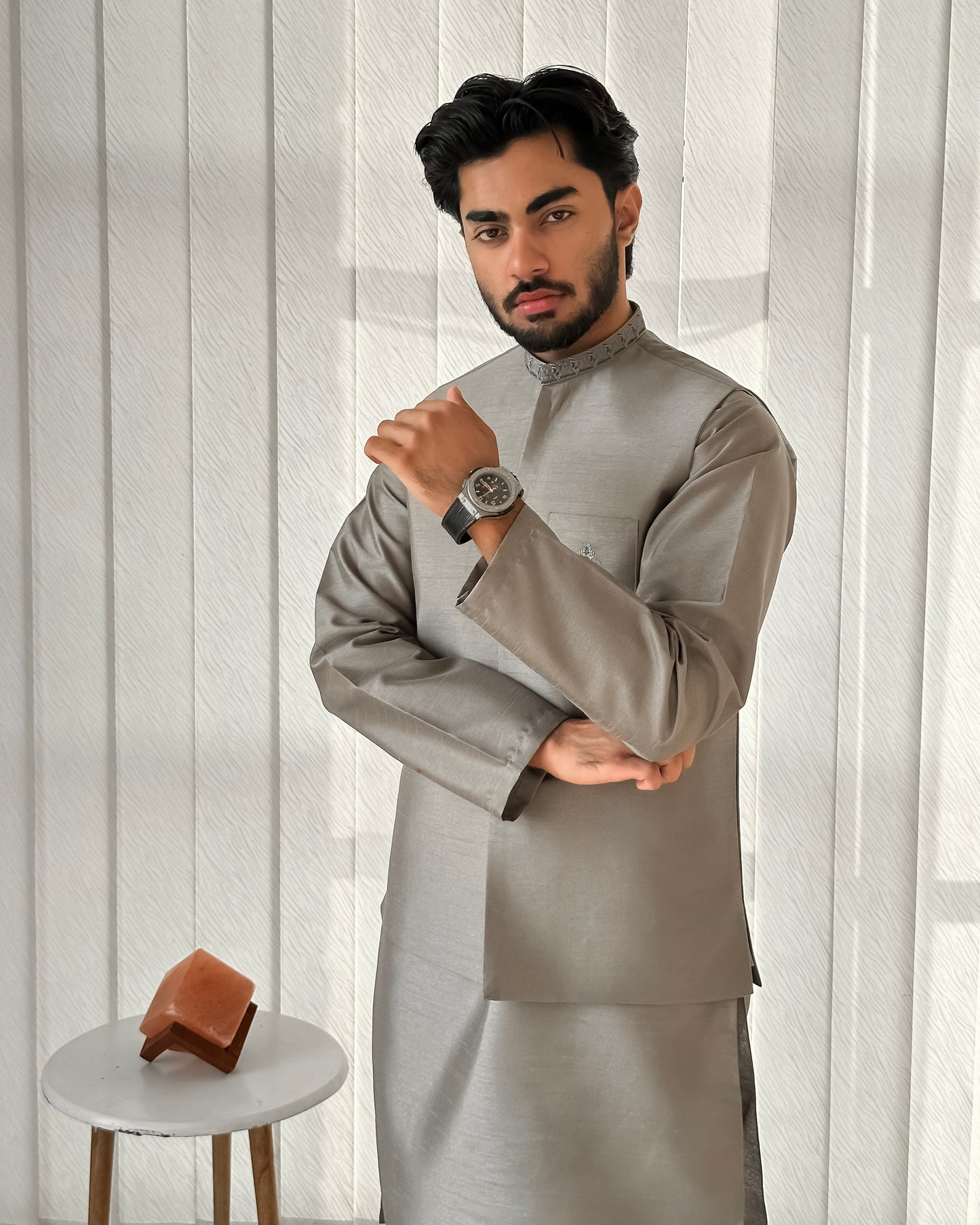 Sand Gray Kurta Trouser with Embroidered Waistcoat - Men