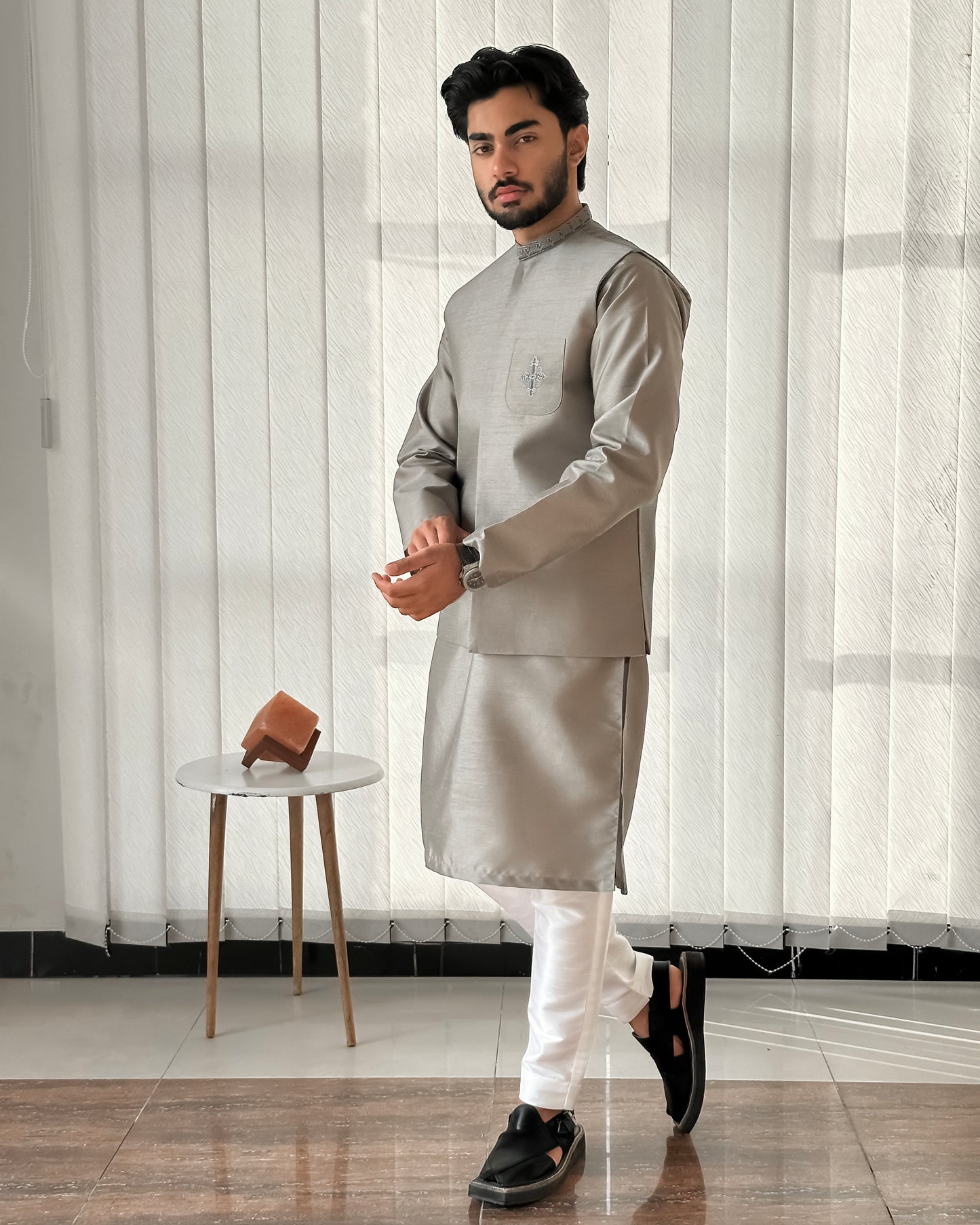 Sand Gray Kurta Trouser with Embroidered Waistcoat - Men