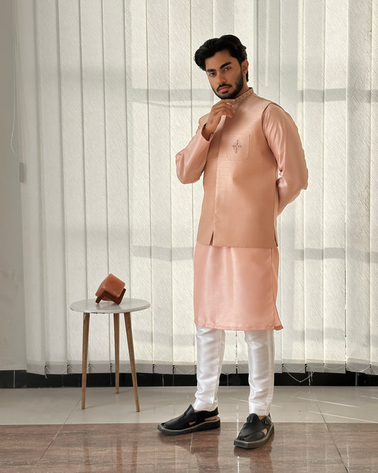 Peach Pink Kurta Trouser with Embroidered Waistcoat - Men