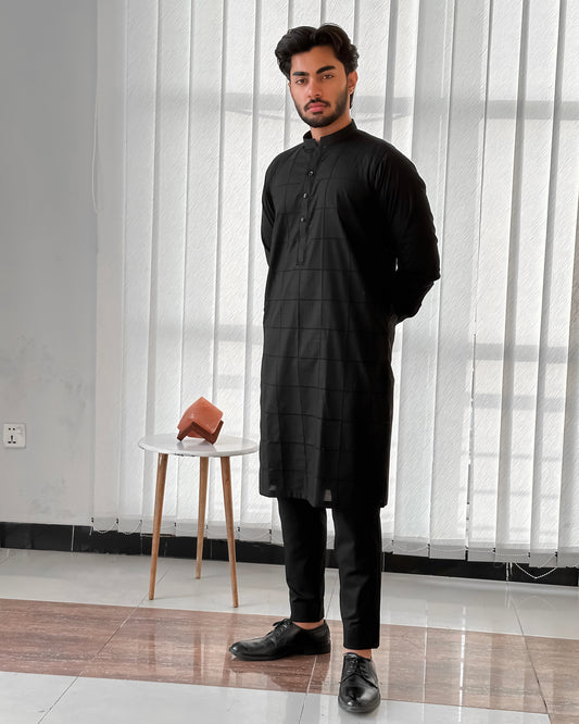 Black Cotton Kurta Trouser With Tarkashi Front - Men