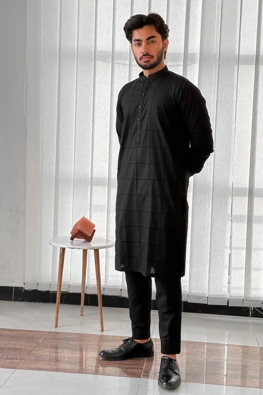 Black Cotton Kurta Trouser With Tarkashi Front - Men