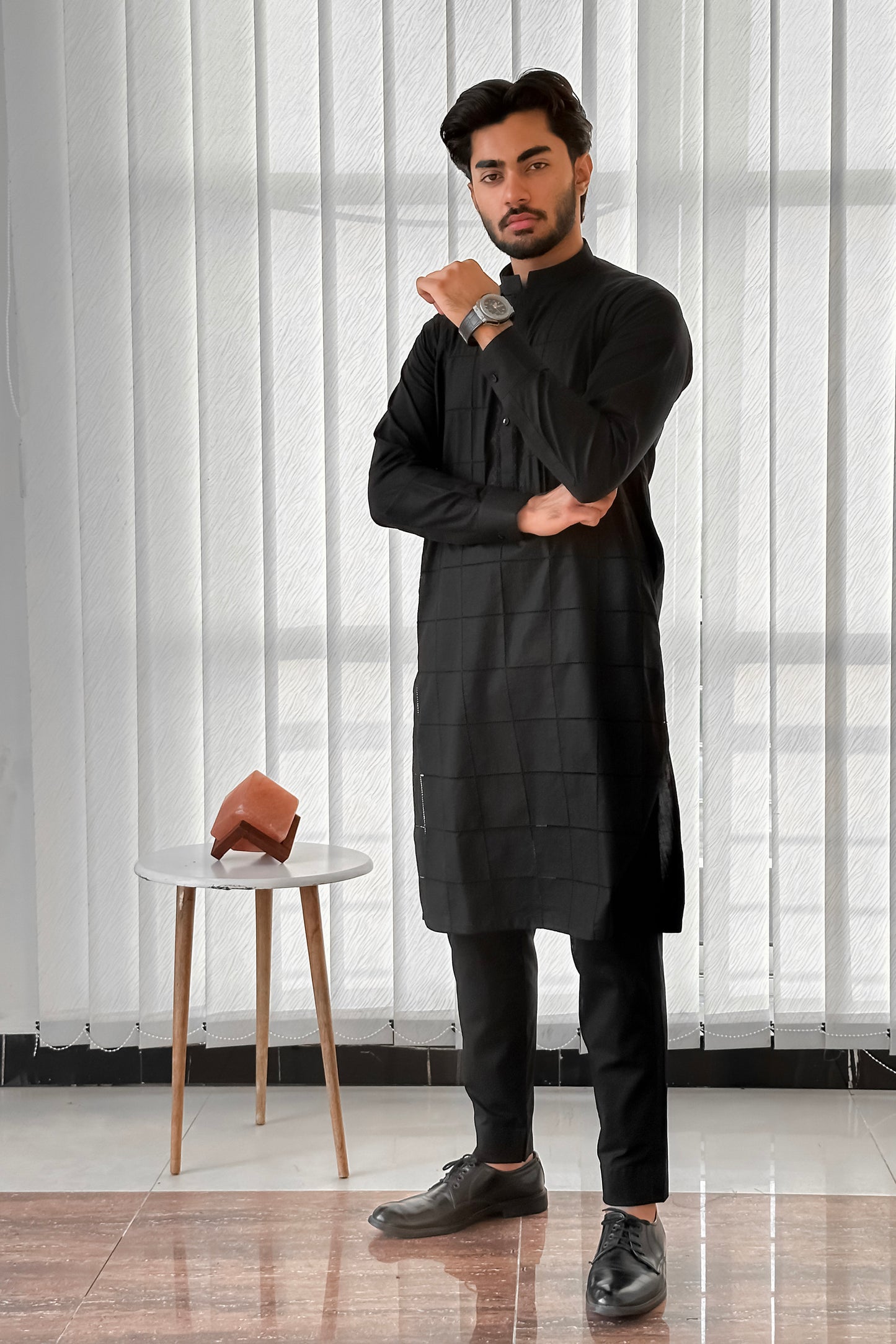 Black Cotton Kurta Trouser With Tarkashi Front - Men