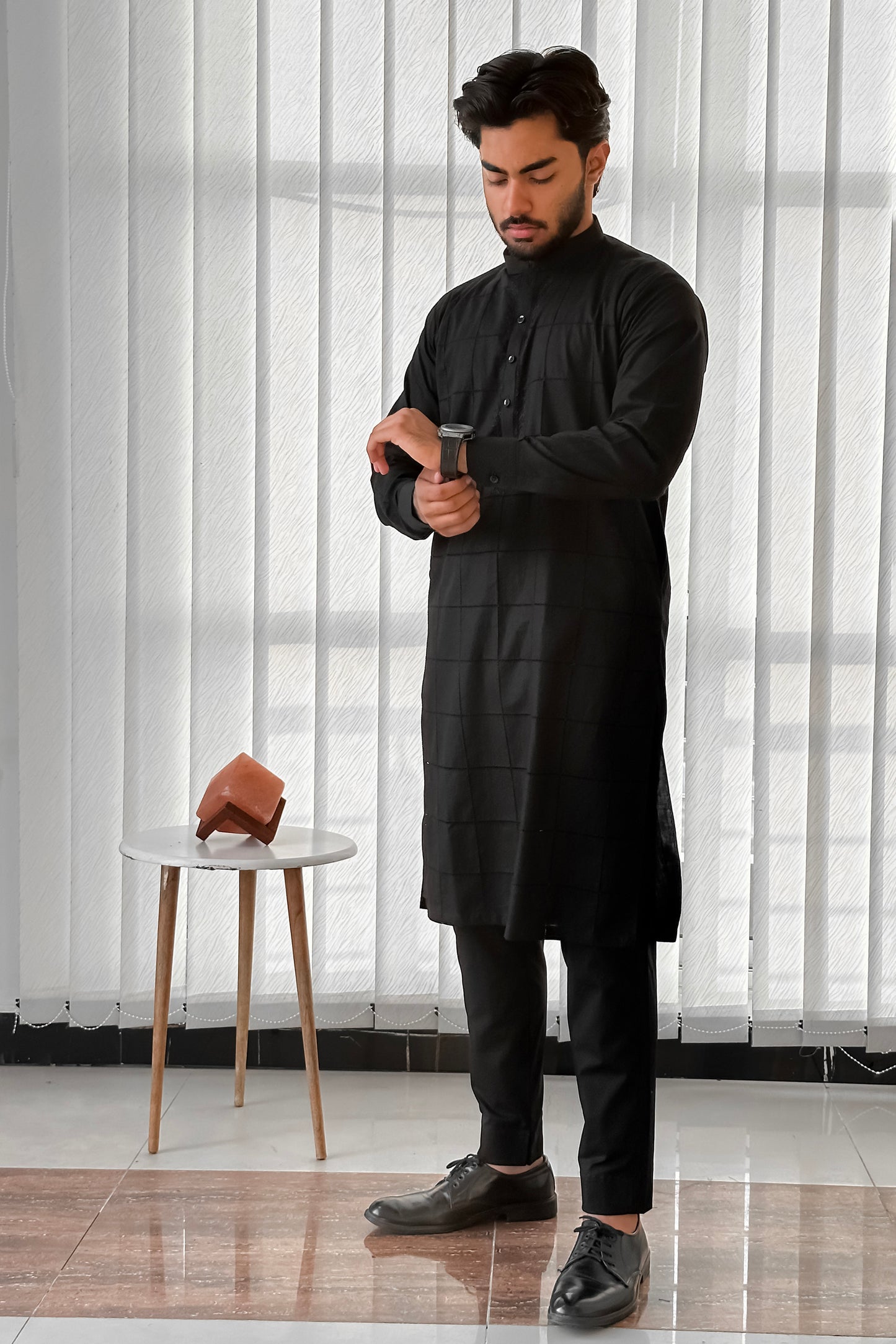 Black Cotton Kurta Trouser With Tarkashi Front - Men