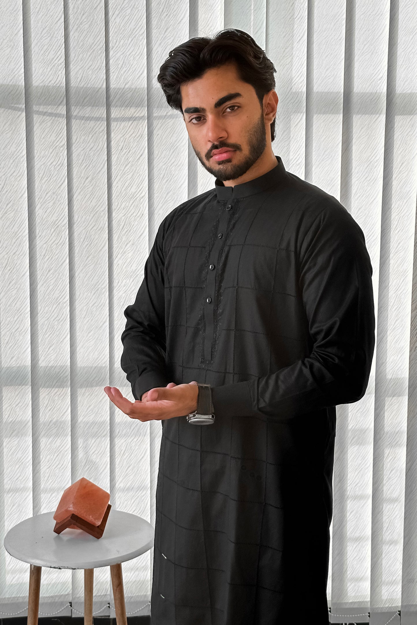 Black Cotton Kurta Trouser With Tarkashi Front - Men