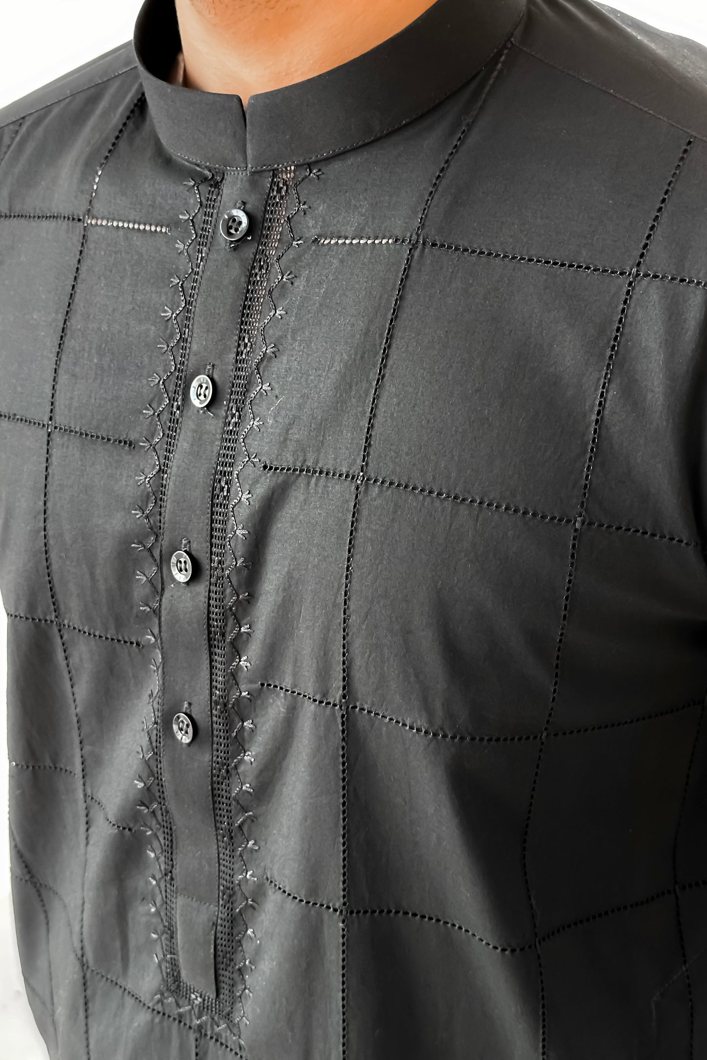 Black Cotton Kurta Trouser With Tarkashi Front - Men