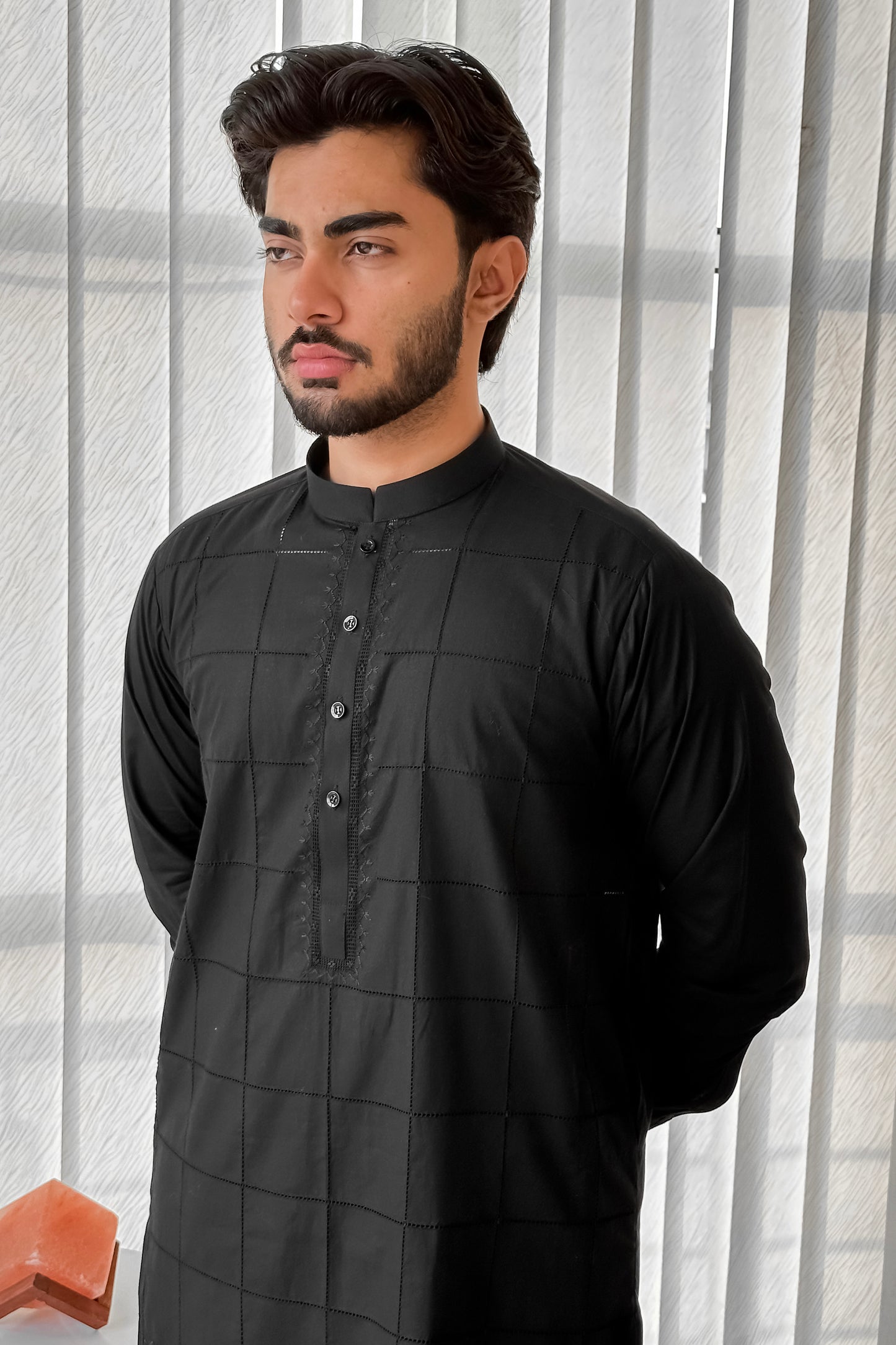 Black Cotton Kurta Trouser With Tarkashi Front - Men