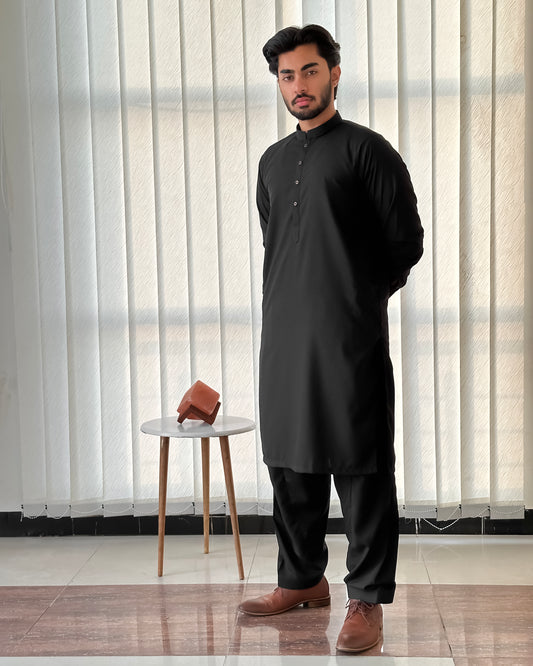 Black Blended Kurta Shalwar - Men