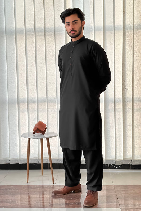 Black Blended Kurta Shalwar - Men