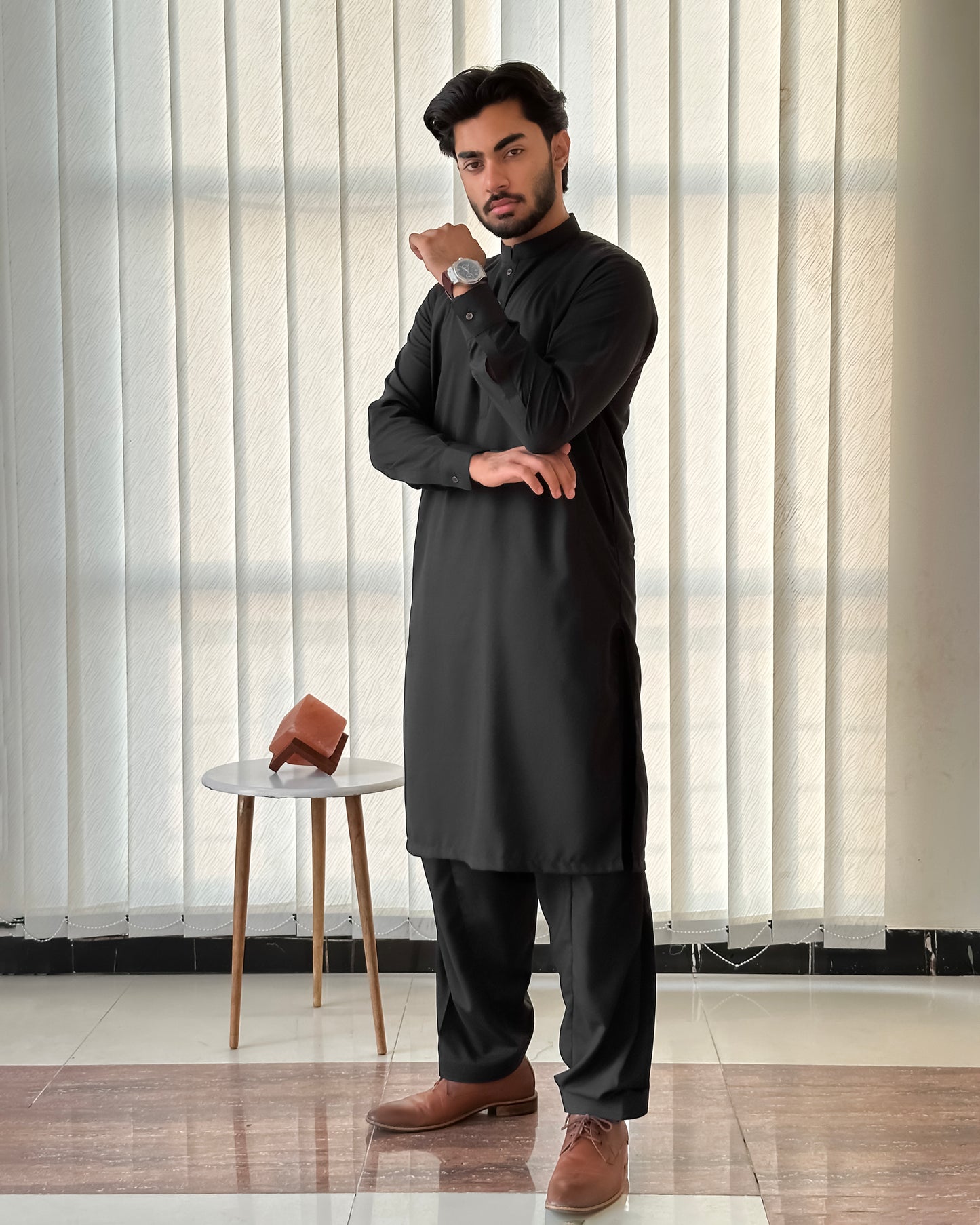 Black Blended Kurta Shalwar - Men