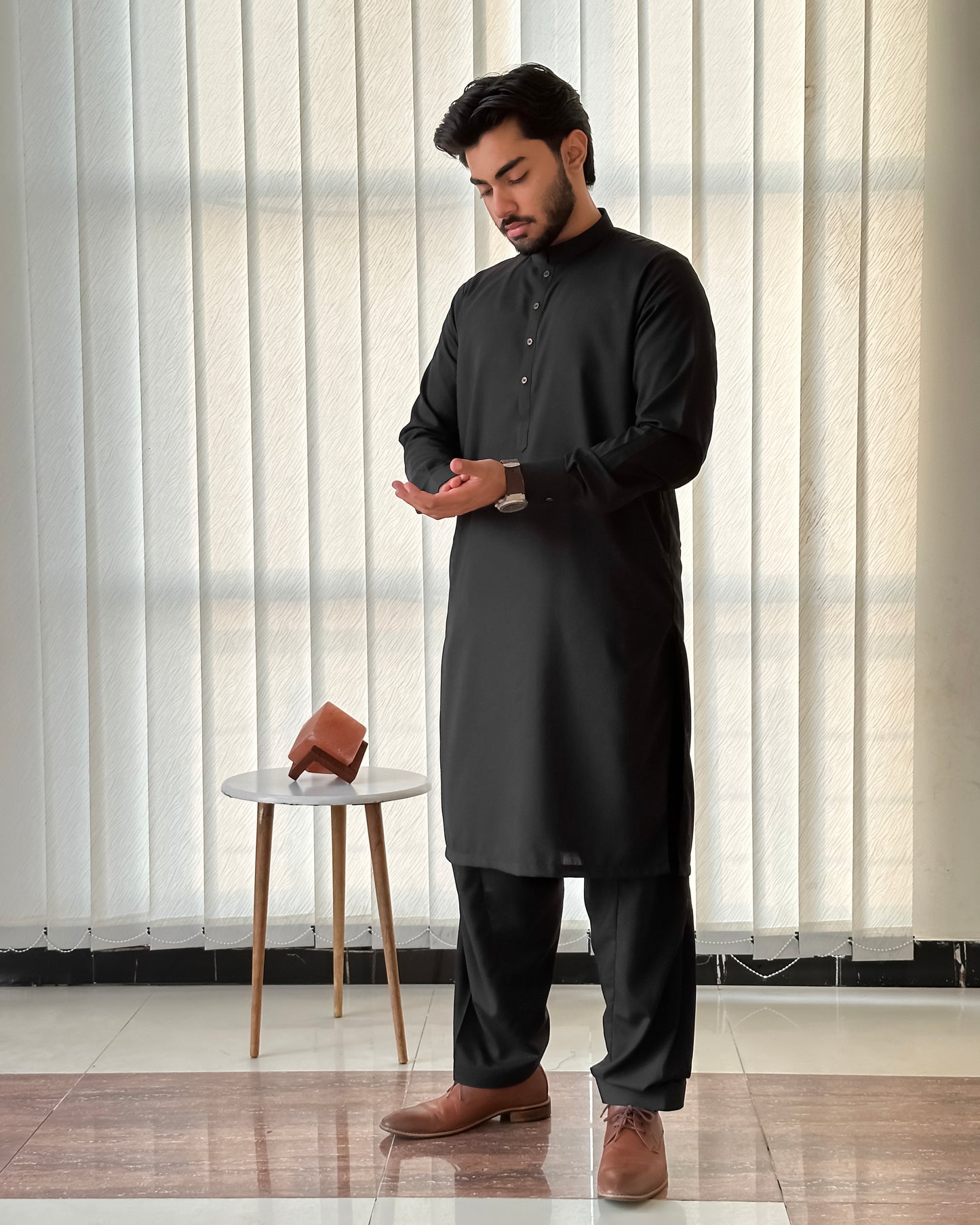 Black Blended Kurta Shalwar - Men