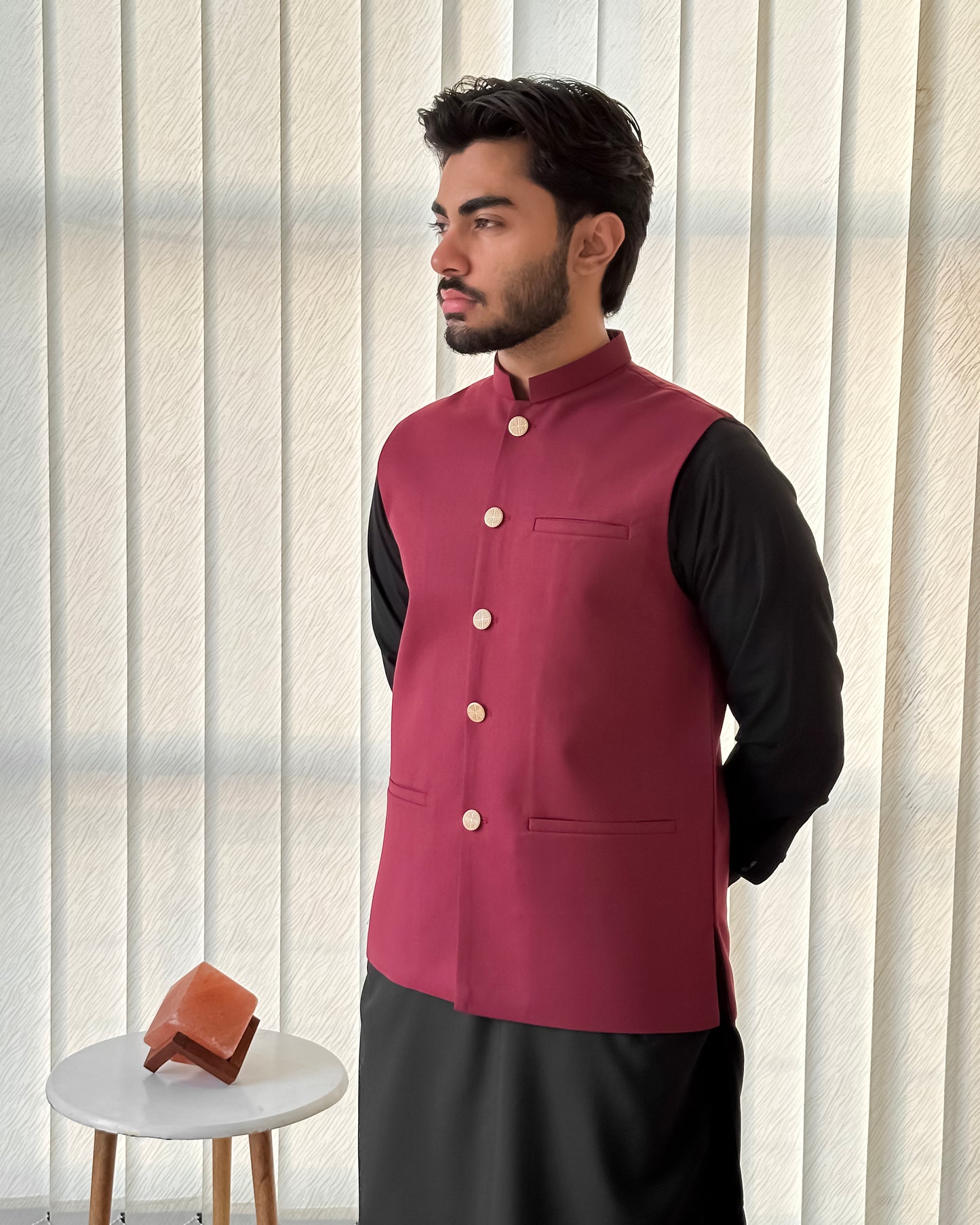 Maroon Suiting Waistcoat - Straight Cut Buttoned - Men