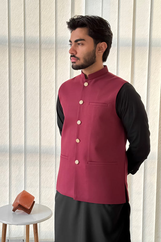 Maroon Suiting Waistcoat - Straight Cut Buttoned - Men