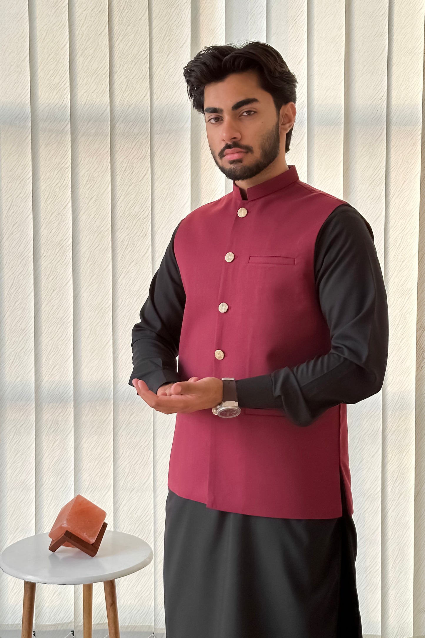 Black Kurta Shalwar with Maroon Suiting Waistcoat - Straight Cut - Men