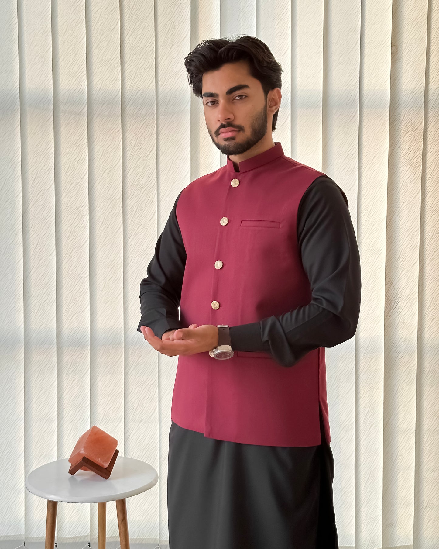 Black Kurta Shalwar with Maroon Suiting Waistcoat - Straight Cut - Men