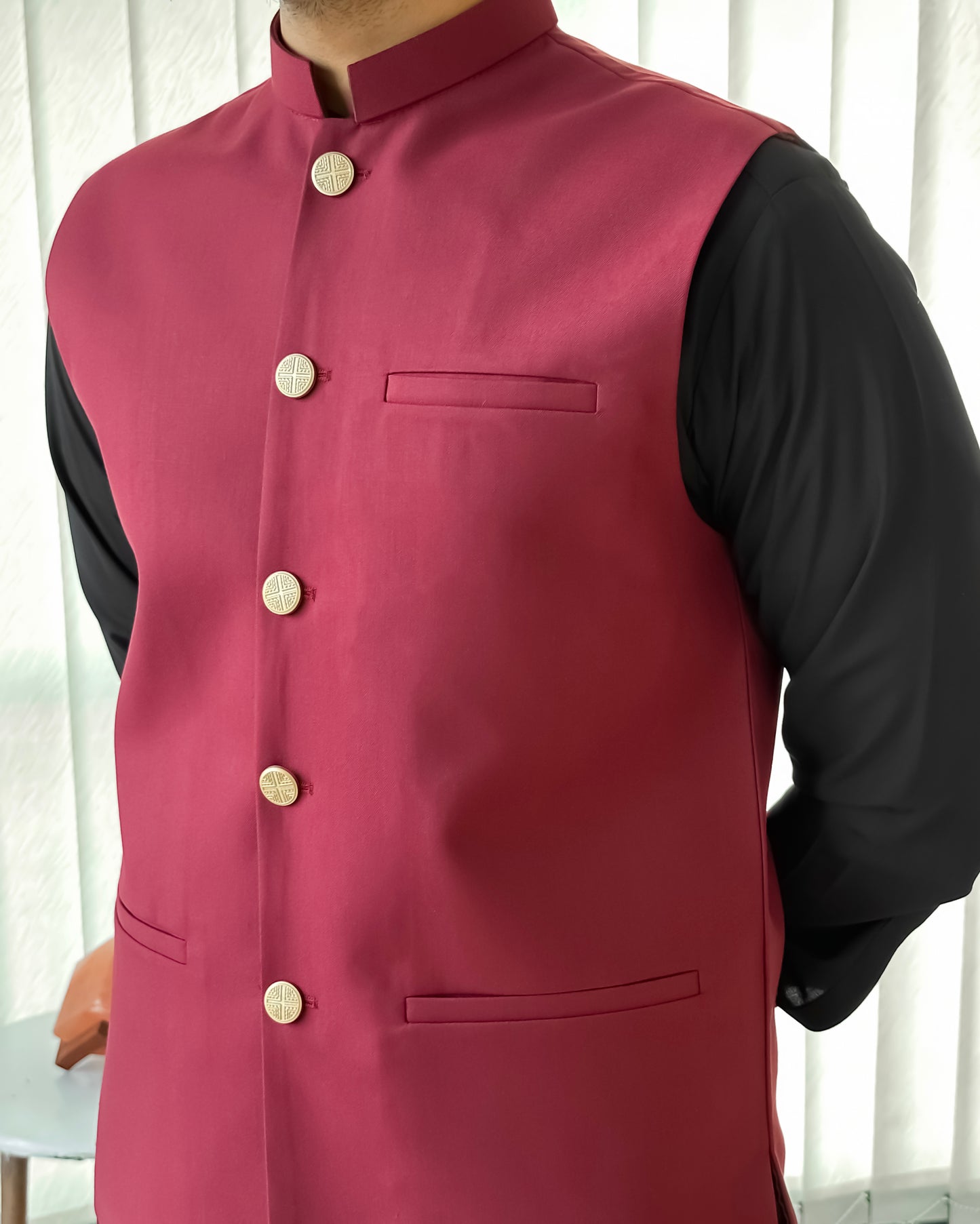 Maroon Suiting Waistcoat - Straight Cut Buttoned - Men