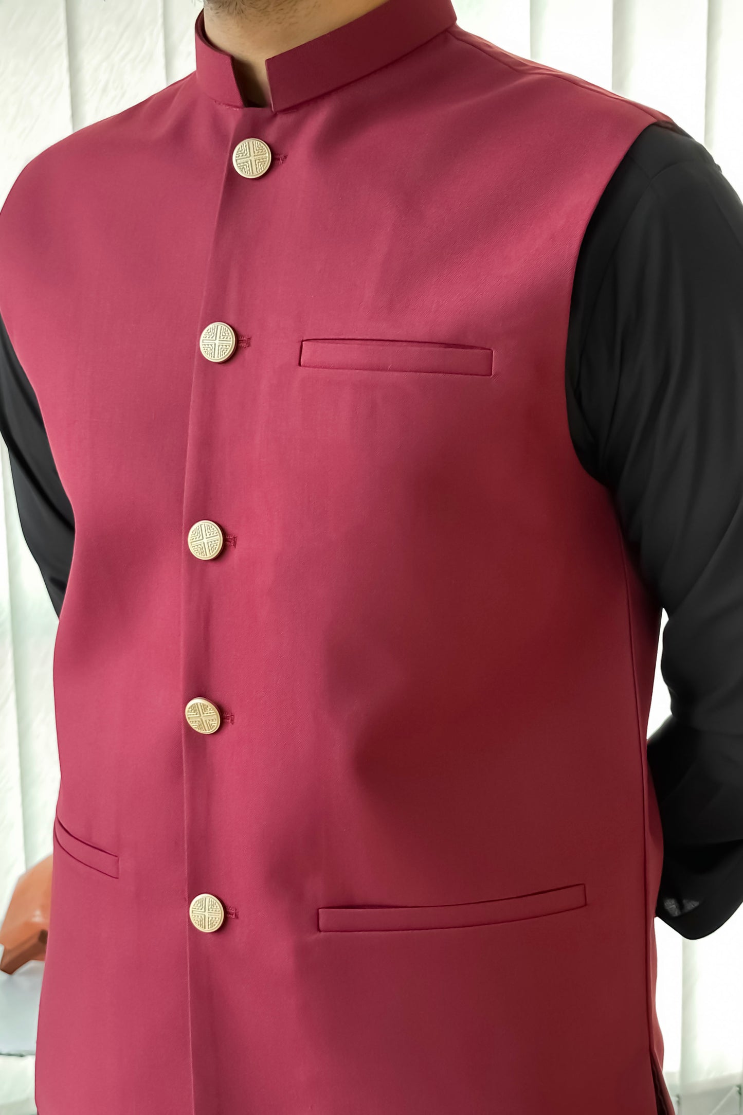 Black Kurta Shalwar with Maroon Suiting Waistcoat - Straight Cut - Men