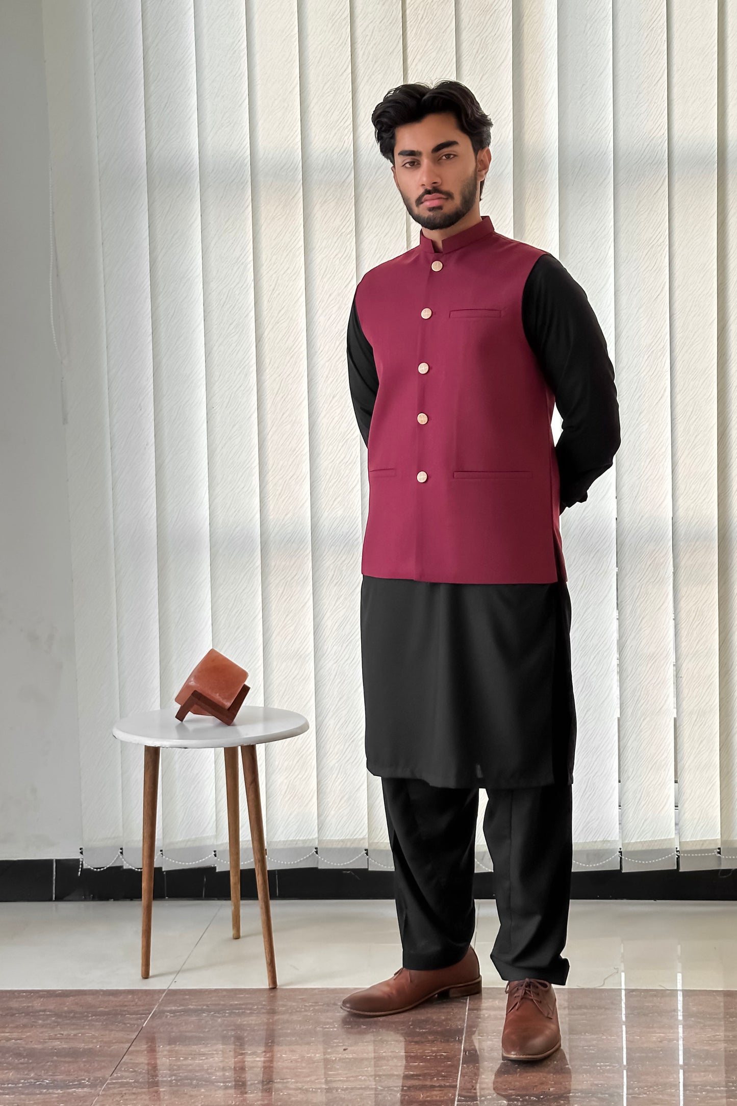 Black Kurta Shalwar with Maroon Suiting Waistcoat - Straight Cut - Men
