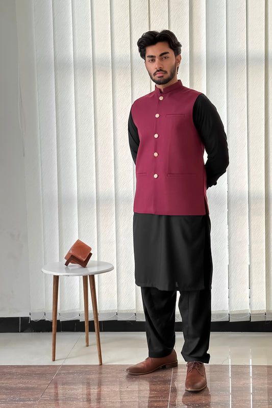 Black Kurta Shalwar with Maroon Suiting Waistcoat - Straight Cut - Men